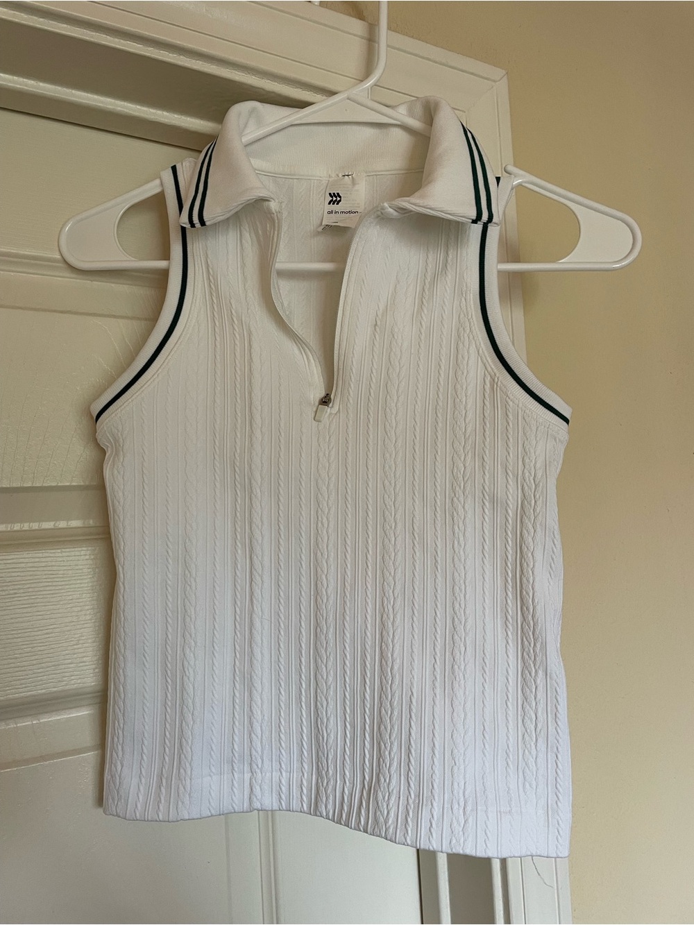 Preppy White with Dark Green Sleeveless Collared Athletic “Knit” Shirt